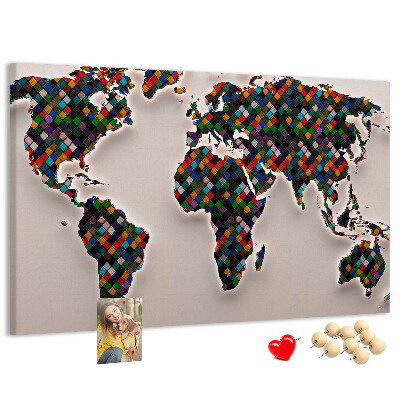 Prikbord gekleurde wereldkaart met vakjes