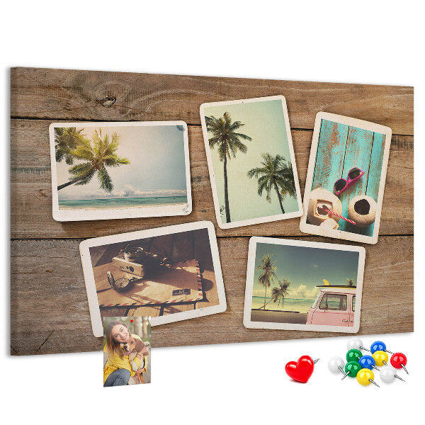Kurkbord met souvenirfoto's van een tropische vakantie