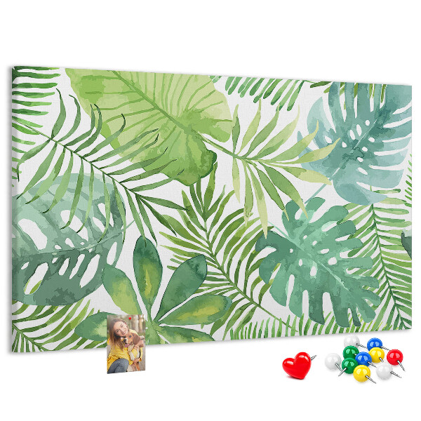 Kurken prikbord met aquarelprint van tropische groene bladeren