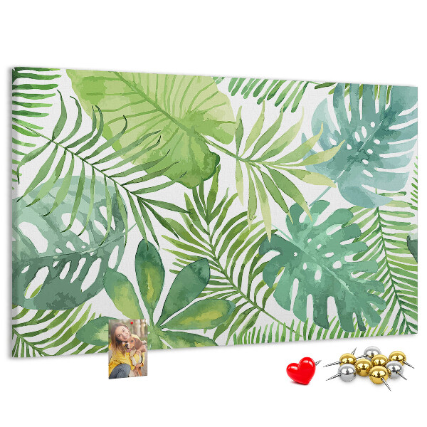 Kurken prikbord met aquarelprint van tropische groene bladeren