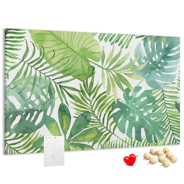 Kurken prikbord met aquarelprint van tropische groene bladeren