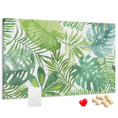 Kurken prikbord met aquarelprint van tropische groene bladeren
