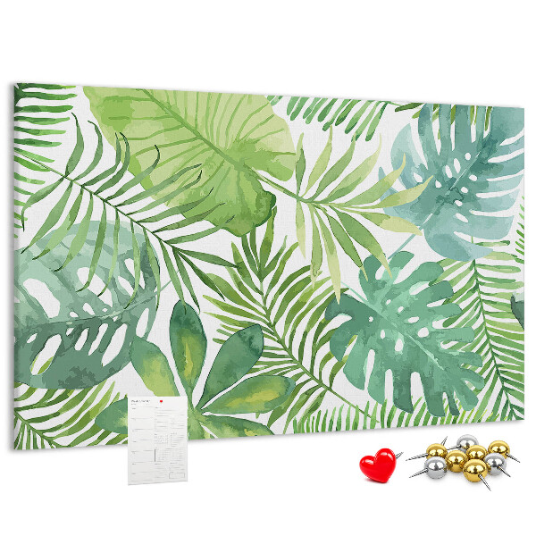 Kurken prikbord met aquarelprint van tropische groene bladeren