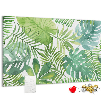 Kurken prikbord met aquarelprint van tropische groene bladeren