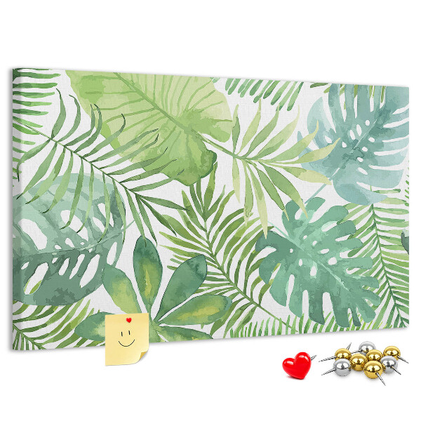 Kurken prikbord met aquarelprint van tropische groene bladeren