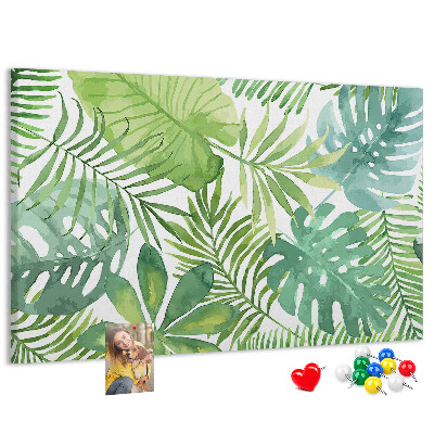 Kurken prikbord met aquarelprint van tropische groene bladeren