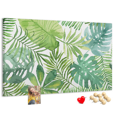 Kurken prikbord met aquarelprint van tropische groene bladeren