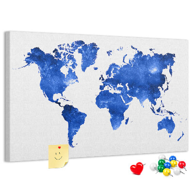 Prikbord wereldkaart in blauwe aquarel