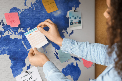 Prikbord wereldkaart in blauwe aquarel