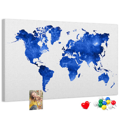 Prikbord wereldkaart in blauwe aquarel