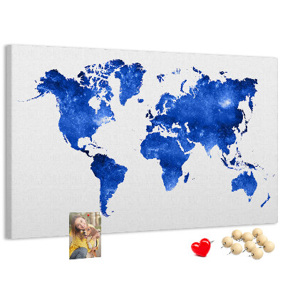 Prikbord wereldkaart in blauwe aquarel