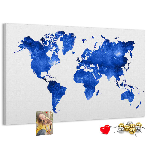 Prikbord wereldkaart in blauwe aquarel