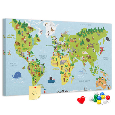 Prikbord met een kleurrijke wereldkaart en dierenfiguren