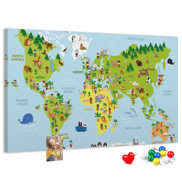 Prikbord met een kleurrijke wereldkaart en dierenfiguren