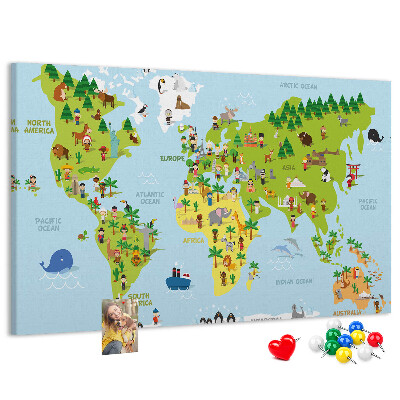 Prikbord met een kleurrijke wereldkaart en dierenfiguren