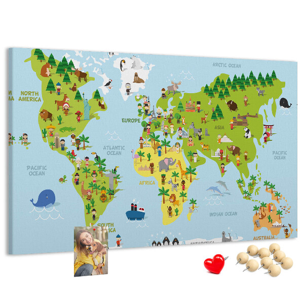 Prikbord met een kleurrijke wereldkaart en dierenfiguren