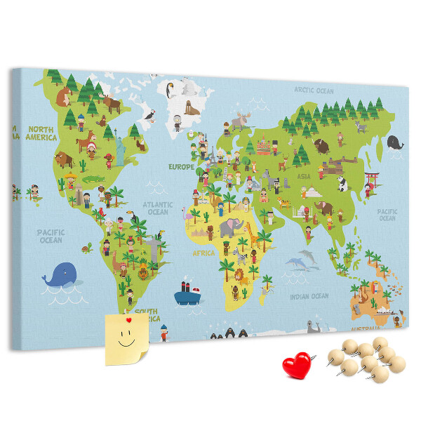Prikbord met een kleurrijke wereldkaart en dierenfiguren