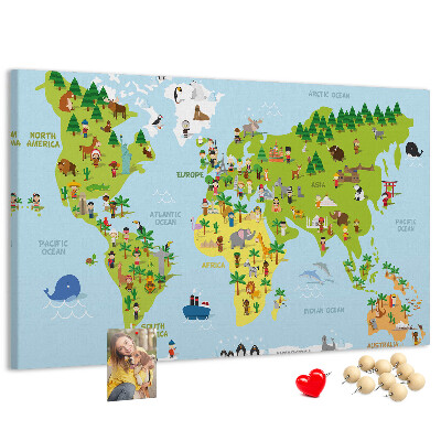 Prikbord met een kleurrijke wereldkaart en dierenfiguren