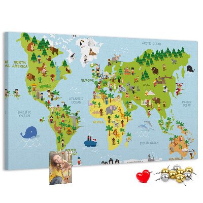 Prikbord met een kleurrijke wereldkaart en dierenfiguren