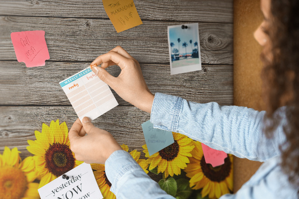 Kurkbord met een afbeelding van zonnebloemen op een achtergrond van houten planken
