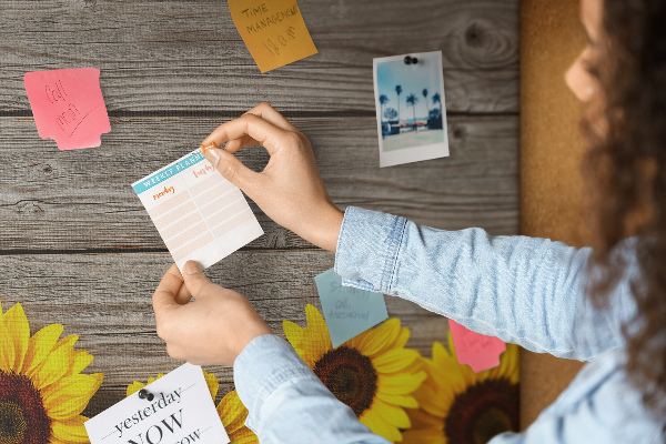 Kurkbord met een afbeelding van zonnebloemen op een achtergrond van houten planken