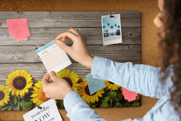 Kurkbord met een afbeelding van zonnebloemen op een achtergrond van houten planken