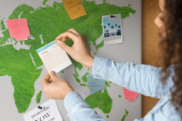 Prikbord wereldkaart in groene gazonstijl