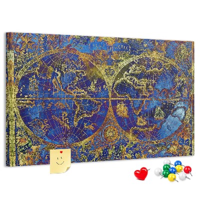 Prikbord met een oude wereldkaart in rijke kleuren