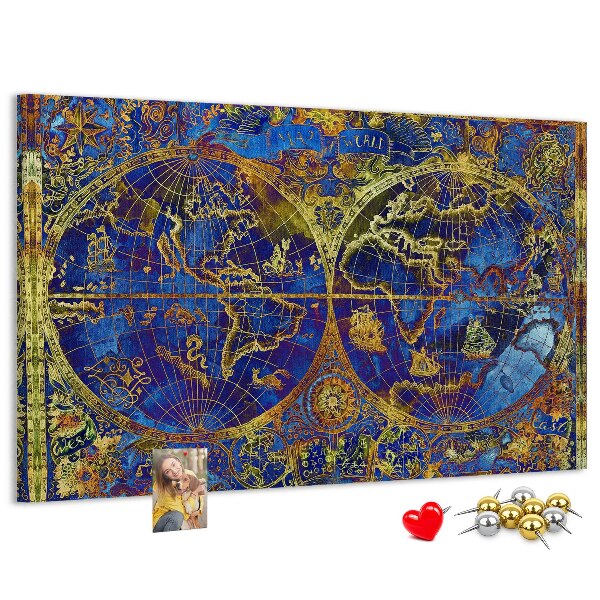 Prikbord met een oude wereldkaart in rijke kleuren