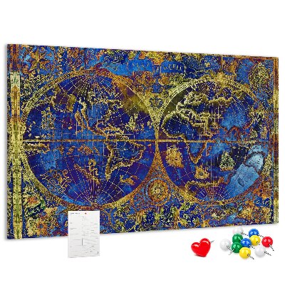 Prikbord met een oude wereldkaart in rijke kleuren