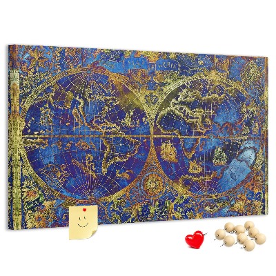 Prikbord met een oude wereldkaart in rijke kleuren