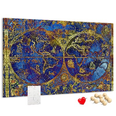 Prikbord met een oude wereldkaart in rijke kleuren