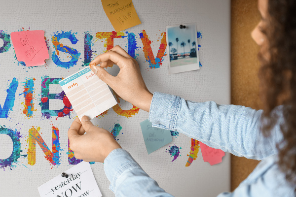 Kurk prikbord met kleurrijke letters op een witte achtergrond