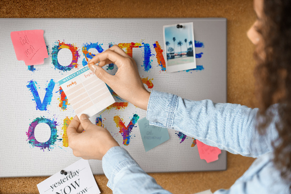 Kurk prikbord met kleurrijke letters op een witte achtergrond