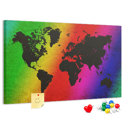 Kurkbord wereldkaart in regenboogkleuren