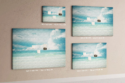 Prikbord met een afbeelding van een kalme zee onder een blauwe hemel