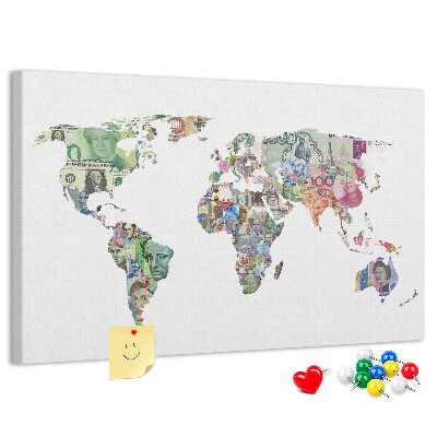 Kurkbord met een wereldkaart van bankbiljetten