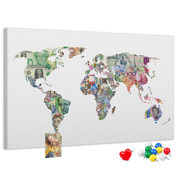 Kurkbord met een wereldkaart van bankbiljetten
