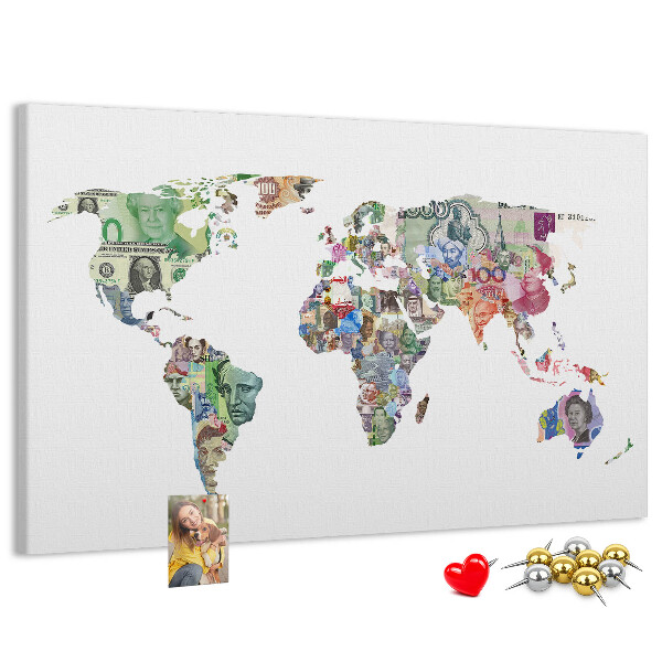Kurkbord met een wereldkaart van bankbiljetten