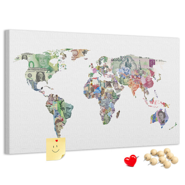 Kurkbord met een wereldkaart van bankbiljetten