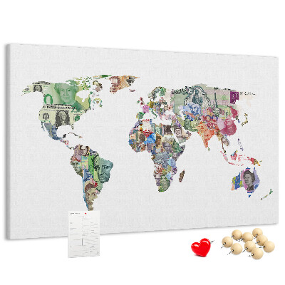 Kurkbord met een wereldkaart van bankbiljetten