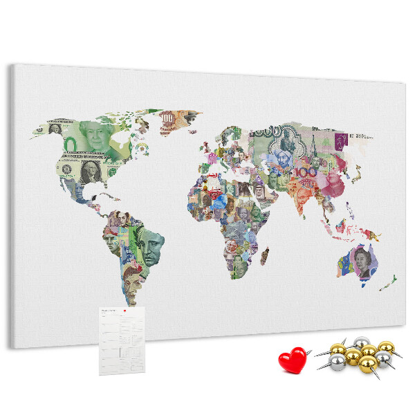 Kurkbord met een wereldkaart van bankbiljetten