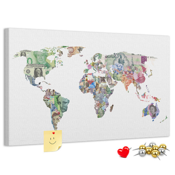 Kurkbord met een wereldkaart van bankbiljetten