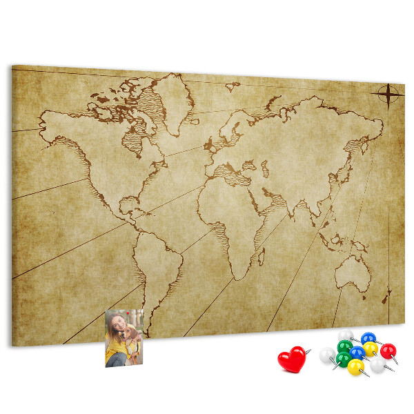 Prikbord met een oude wereldkaart met continenten