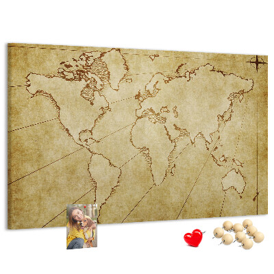 Prikbord met een oude wereldkaart met continenten