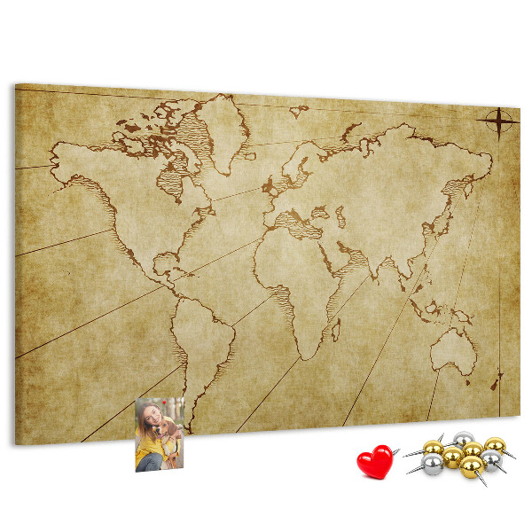 Prikbord met een oude wereldkaart met continenten