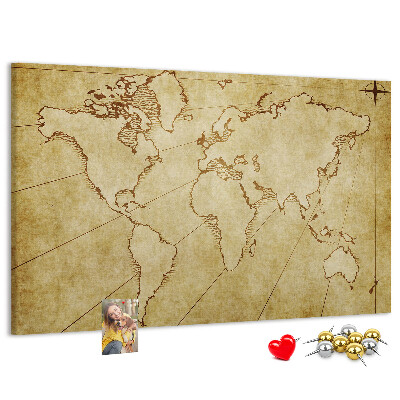 Prikbord met een oude wereldkaart met continenten
