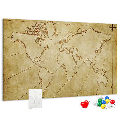 Prikbord met een oude wereldkaart met continenten