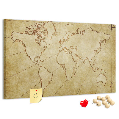 Prikbord met een oude wereldkaart met continenten