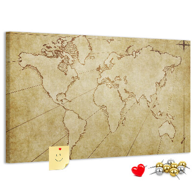 Prikbord met een oude wereldkaart met continenten